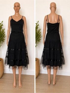 Vintage Express Black Tiered Tulle Midi Skirt Lace Satin Size 9/10